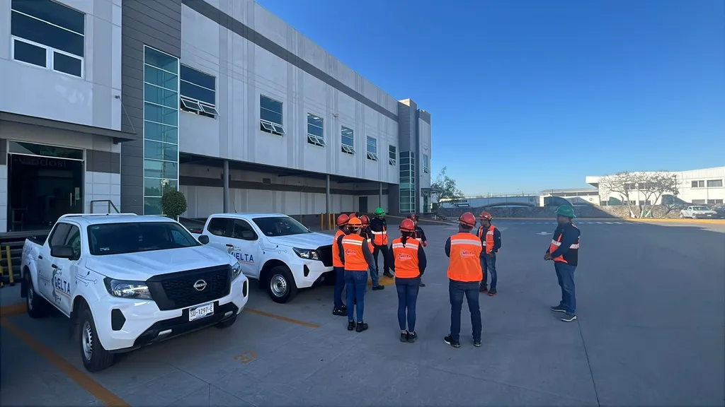Equipo de Delta e ingenieros en sitio de un proyecto industrial